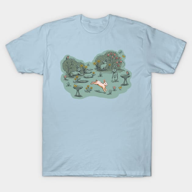 Bunnies' Playtime in the Garden T-Shirt by ElephantShoe